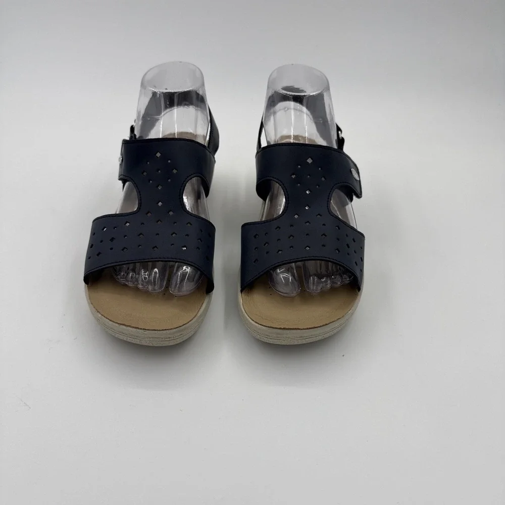 Fly Fot Women's Navy Blue Sandals Size 39 US 8 -8.5 Anatomic Strappy Wedge